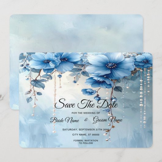 Blue Flowers and Pearls Save The Date セーブザデート (正面/裏面)