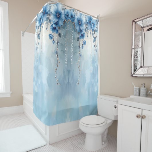 Blue Flowers and Pearls Shower Curtain シャワーカーテン (インサイチュ)