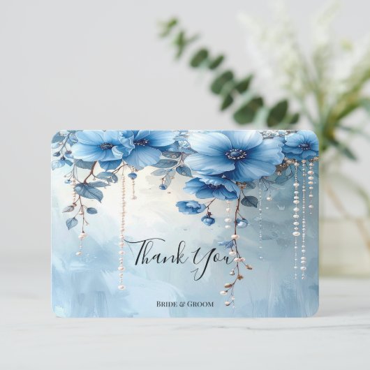 Blue Flowers and Pearls Thank You Card サンキューカード (スタンド正面)