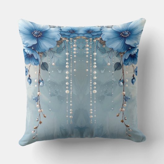 Blue Flowers and Pearls Throw Pillow クッション (裏面)