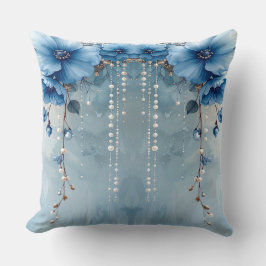 Blue Flowers and Pearls Throw Pillow クッション