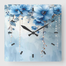 Blue Flowers and Pearls Wall Clock スクエア壁時計