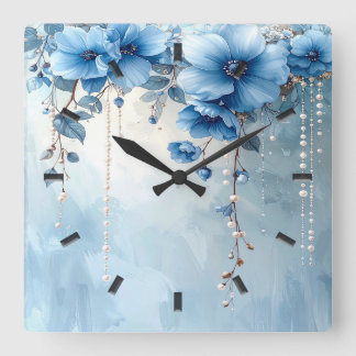 Blue Flowers and Pearls Wall Clock スクエア壁時計
