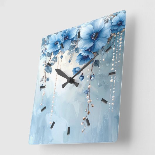 Blue Flowers and Pearls Wall Clock スクエア壁時計 (傾斜)