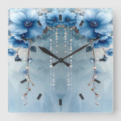 Blue Flowers and Pearls Wall Clock スクエア壁時計 (正面)