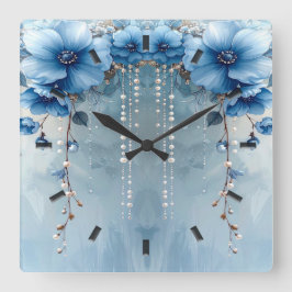 Blue Flowers and Pearls Wall Clock スクエア壁時計