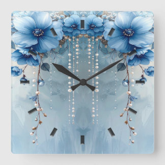 Blue Flowers and Pearls Wall Clock スクエア壁時計