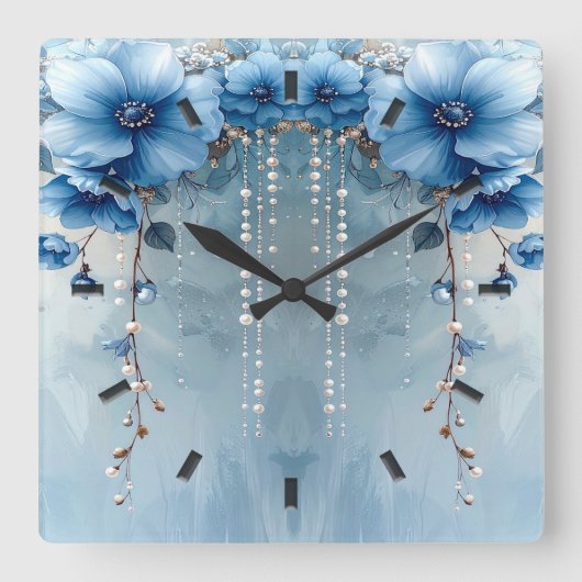 Blue Flowers and Pearls Wall Clock スクエア壁時計 (正面)