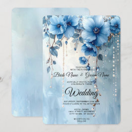 Blue Flowers and Pearls Wedding Invitation 招待状