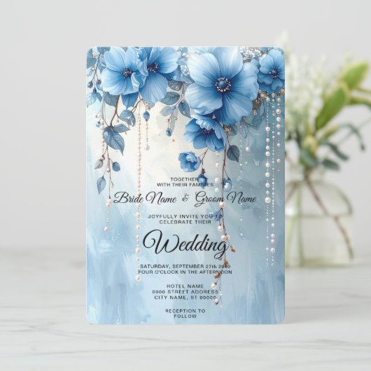 Blue Flowers and Pearls Wedding Invitation 招待状 (スタンド正面)