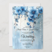 Blue Flowers and Pearls Wedding Invitation 招待状 (正面)