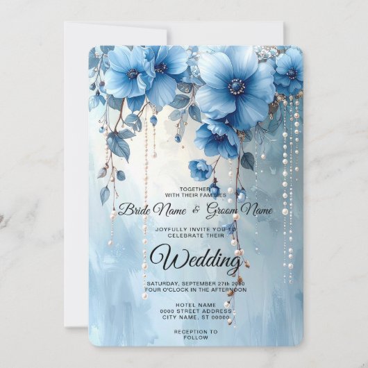 Blue Flowers and Pearls Wedding Invitation 招待状 (正面)