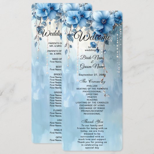 Blue Flowers and Pearls Wedding Program プログラム (正面/裏面)
