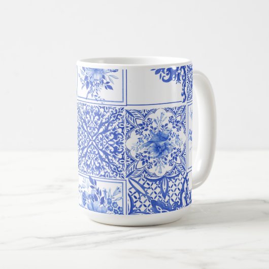 Blue flowers,blue china,porcelain,birds  コーヒーマグカップ (正面右)