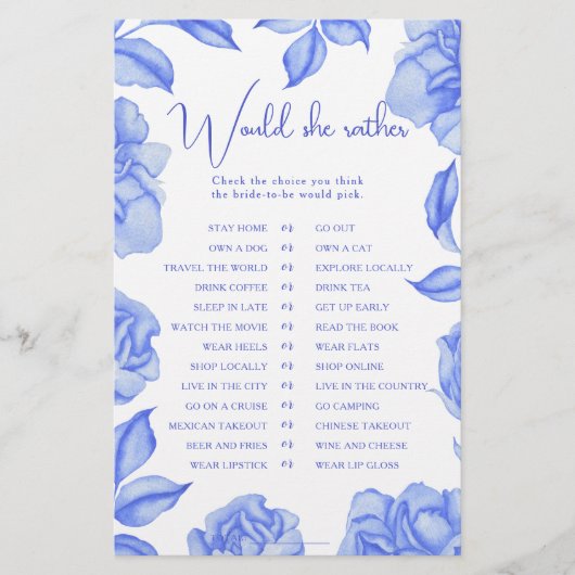 Blue Flowers Bridal shower Would she rather (正面)