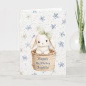Blue Flowers Bunny in Basket Birthday カード (正面)