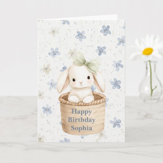 Blue Flowers Bunny in Basket Birthday カード (小さな植物)