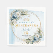 Blue Flowers Eucalyptus Gold 15th Birthday Napkins スタンダードカクテルナプキン (正面)