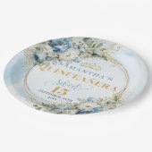 Blue Flowers Eucalyptus Gold Custom Quince Plates ペーパープレート (アングル)