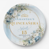 Blue Flowers Eucalyptus Gold Custom Quince Plates ペーパープレート (正面)