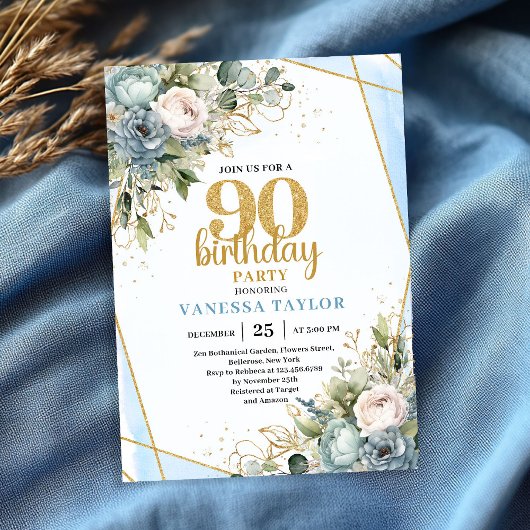 Blue Flowers Gold Glitter 90th Birthday Invitation 招待状