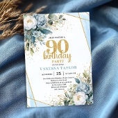 Blue Flowers Gold Glitter 90th Birthday Invitation 招待状