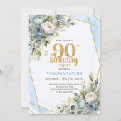 Blue Flowers Gold Glitter 90th Birthday Invitation 招待状 (正面)