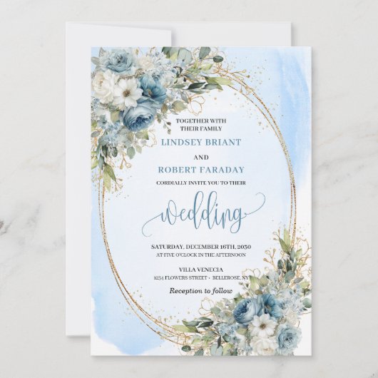 Blue Flowers Greenery Gold Glitter Wedding Invite 招待状 (正面)