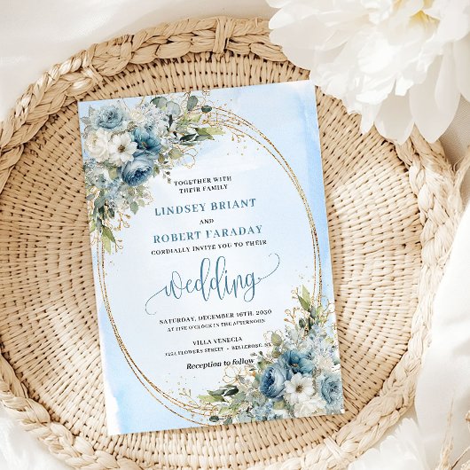 Blue Flowers Greenery Gold Glitter Wedding Invite 招待状