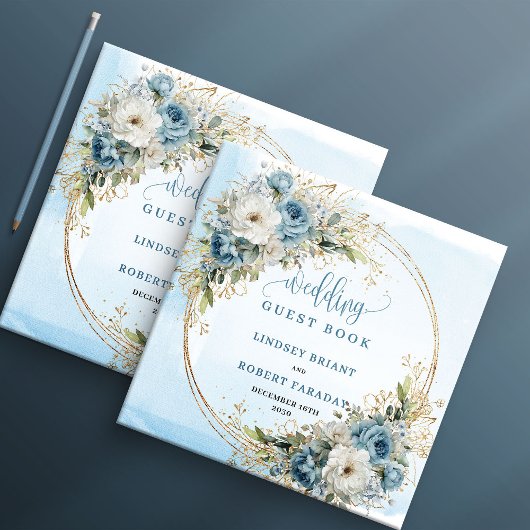 Blue Flowers Greenery Gold Wedding Guest Book ゲストブック