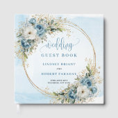 Blue Flowers Greenery Gold Wedding Guest Book ゲストブック (正面)