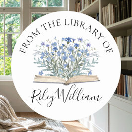 Blue Flowers Grow From Book Bookplate Sticker ラウンドシール