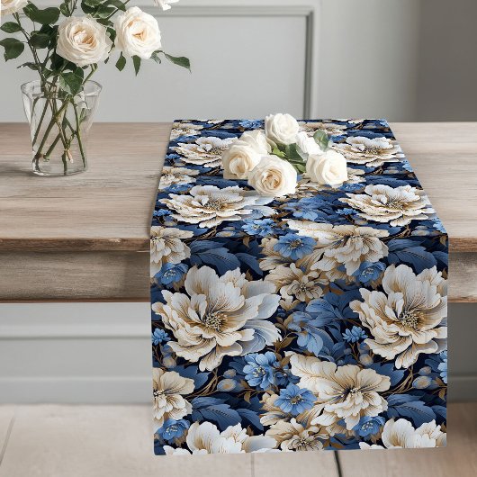 Blue Flowers Ivory Elegant Dining Table Runner ロングテーブルランナー