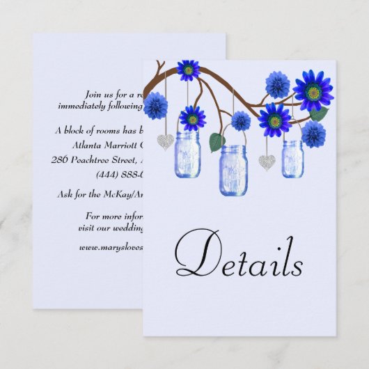 Blue Flowers Mason Jars Wedding Details エンクロージャーカード (正面/裏面)