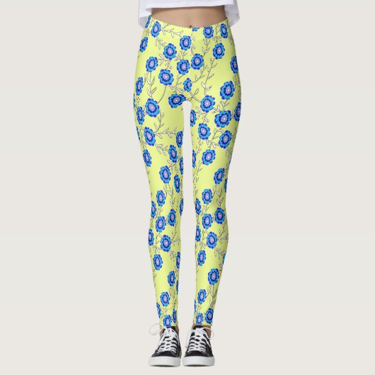 Blue Flowers on Yellow Leggings レギンス (正面)