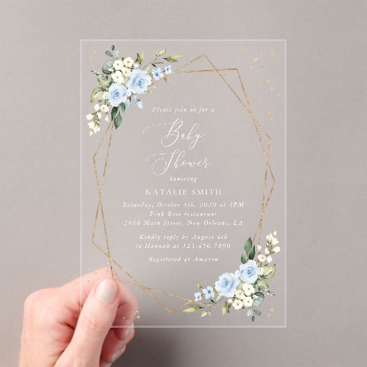 Blue Flowers, White Flowers, Greenery, Baby Shower アクリル招待状 (インサイチュ (ポータブル))