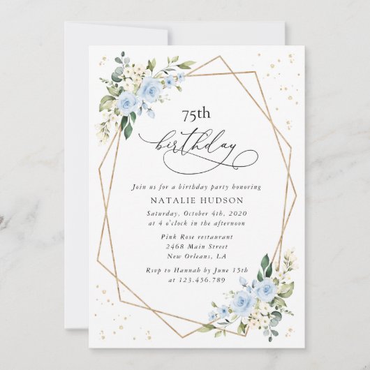 Blue Flowers, White Flowers, Greenery, Birthday 招待状 (正面)