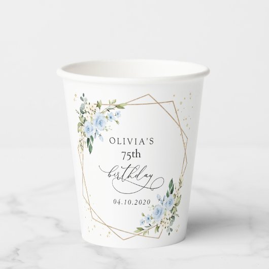 Blue Flowers, White Flowers, Greenery, Birthday 紙コップ (正面)