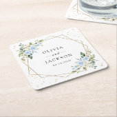 Blue Flowers, White Flowers, Greenery, Wedding スクエアペーパーコースター (アングル)