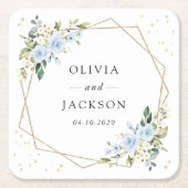 Blue Flowers, White Flowers, Greenery, Wedding スクエアペーパーコースター (正面)