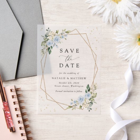 Blue Flowers, White Flowers, Wedding Save The Date ベラム紙招待状 (ウェディング)