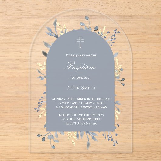 blue foliage Baptism Acrylic Invitation アクリル招待状 (正面)