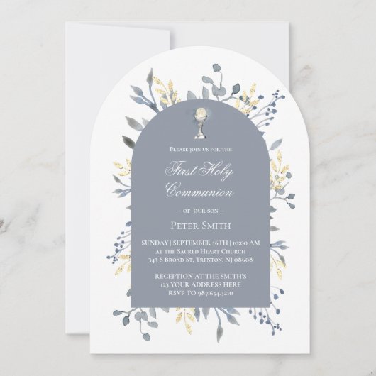  blue foliage First Holy Communion  招待状 (正面)