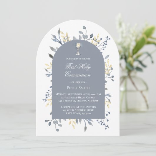  blue foliage First Holy Communion  招待状 (スタンド正面)