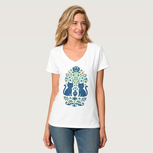 Blue Folk Art Cats – Whimsical Floral Cat Design i Tシャツ (正面フル)