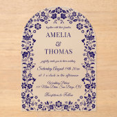 Blue Folk Art Floral Wedding  アクリル招待状 (正面)