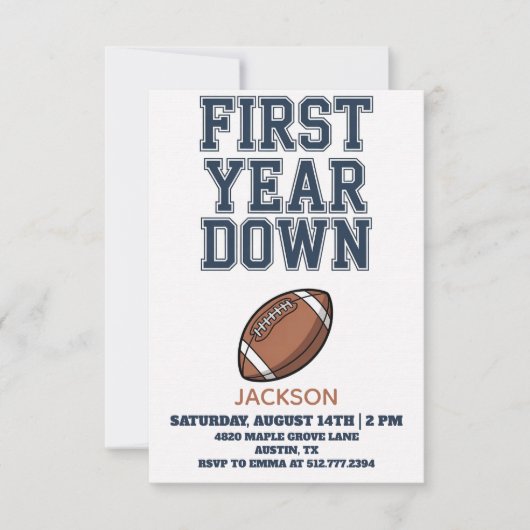 Blue Football First Year Down Boy 1st Birthday  招待状 (正面)