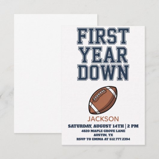Blue Football First Year Down Boy 1st Birthday  招待状 (正面/裏面)