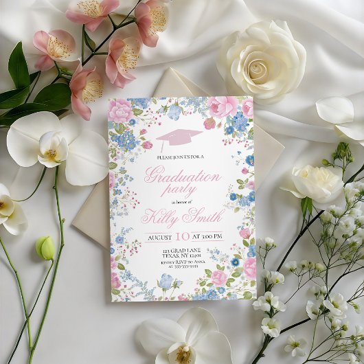 Blue Forget Me Not Graduation Party Invite 招待状