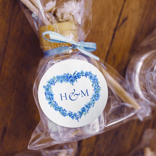 Blue forget me nots inked art wedding monogram ラウンドシール